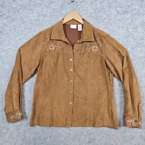 Erika Embroidered Faux Suede Button Up Shirt Womens Size M Brown Western Cowgirl